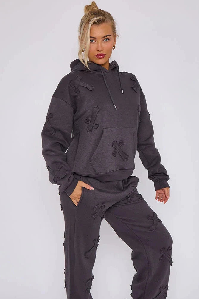 Oversized Hoodie & Cuffed Joggers Tracksuit Plus Size with Cross Detail