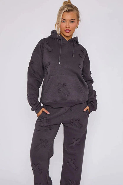 Oversized Hoodie & Cuffed Joggers Tracksuit Plus Size with Cross Detail