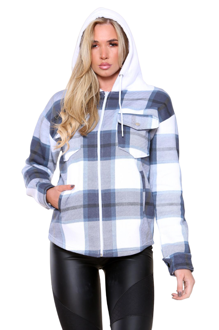 Hooded Thick Colour Block Checked Shirt Jacket Shacket