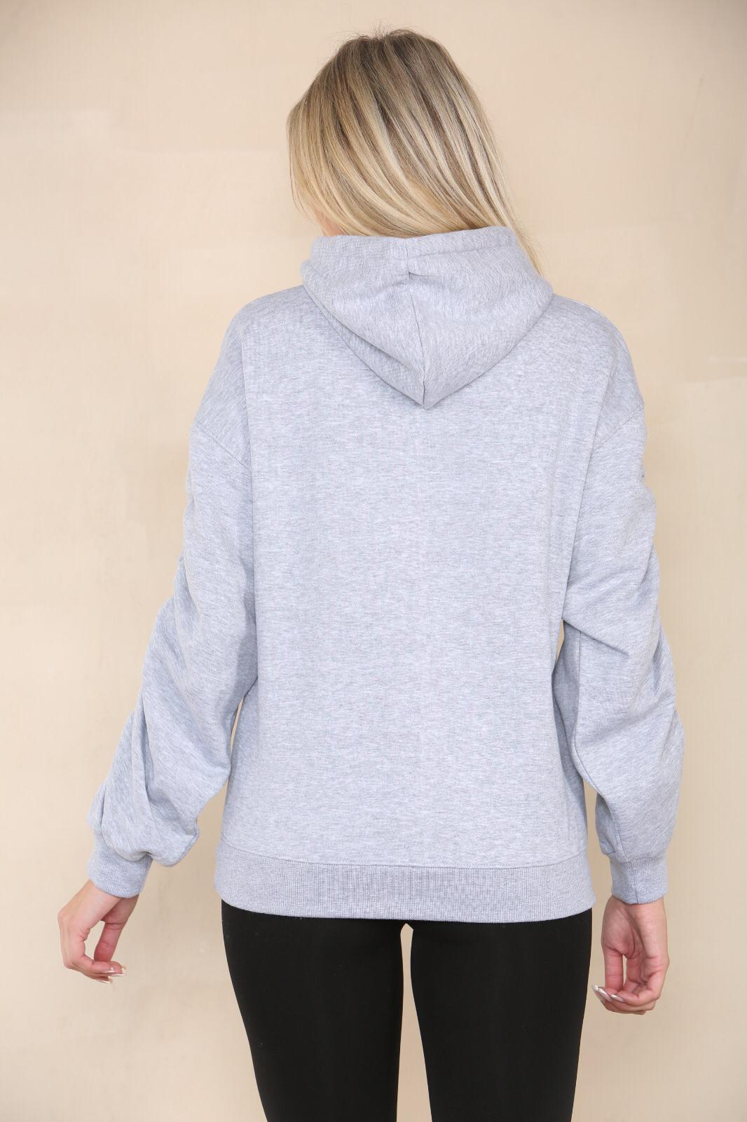 Ruched Sleeve Hoodie with Silk Ribbon Drawstring & Front Pocket