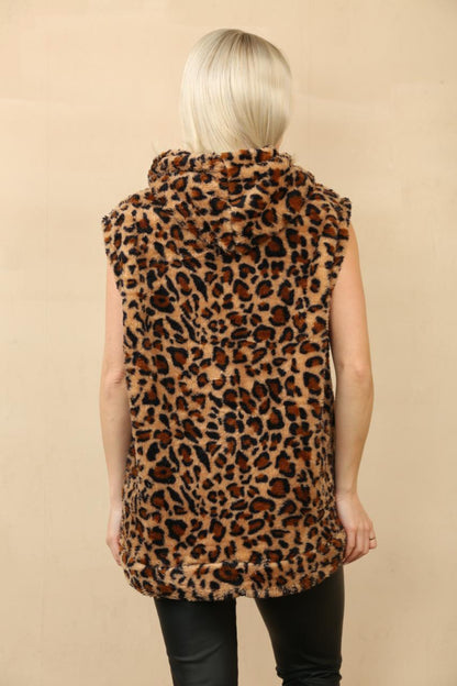 Leopard Print Faux Fur Hooded Full Zip Waistcoat