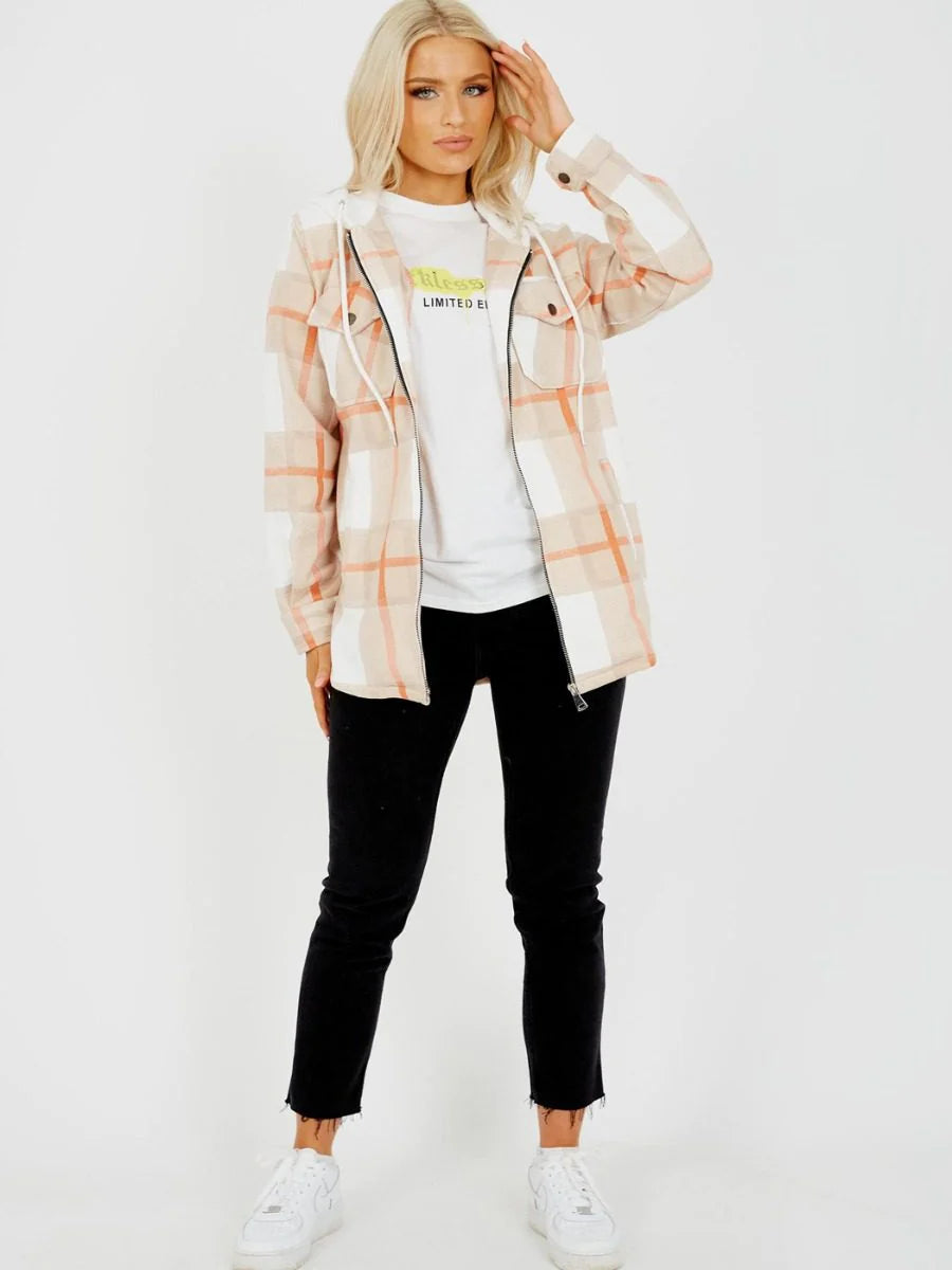 Hooded Thick Colour Block Checked Shirt Jacket Shacket