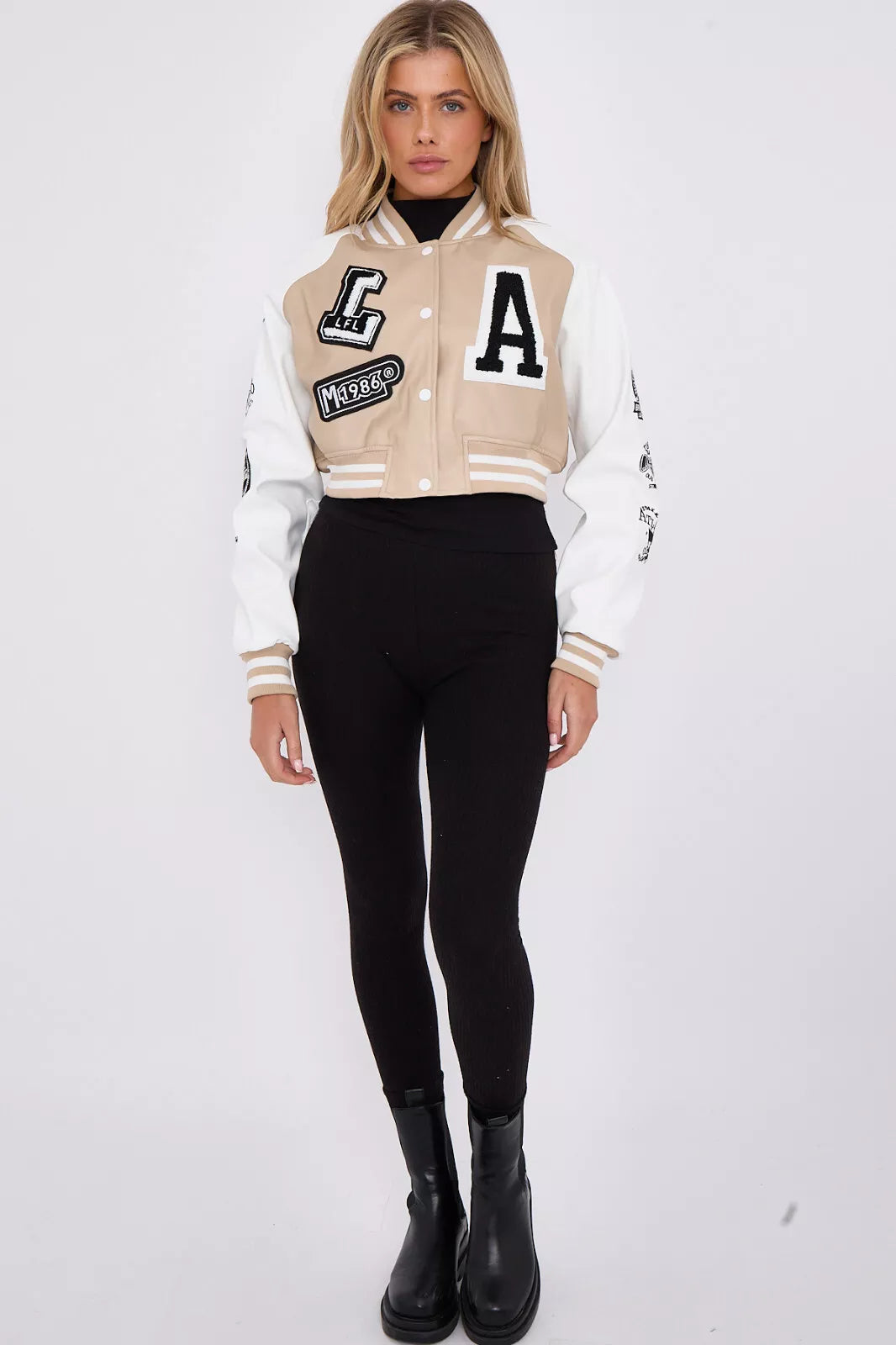 Crop Baseball Varsity Bomber Faux Leather Jacket