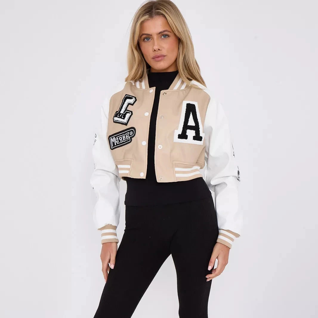 Crop Baseball Varsity Bomber Faux Leather Jacket