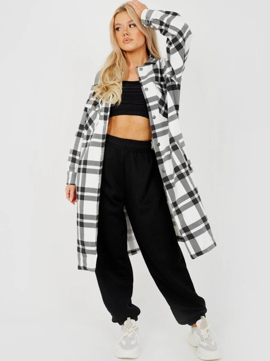 Longline Thick Colour Block Checked Shirt Jacket Shacket