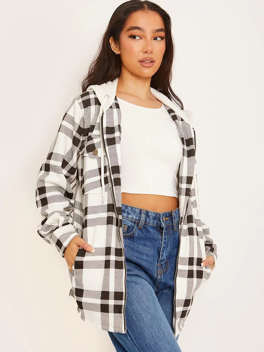 Hooded Thick Colour Block Checked Shirt Jacket Shacket