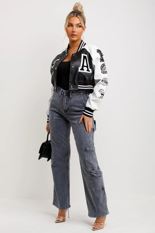 Crop Baseball Varsity Bomber Faux Leather Jacket