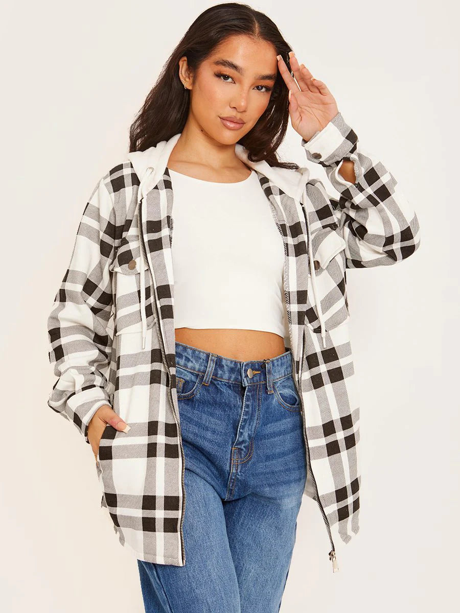 Hooded Thick Colour Block Checked Shirt Jacket Shacket