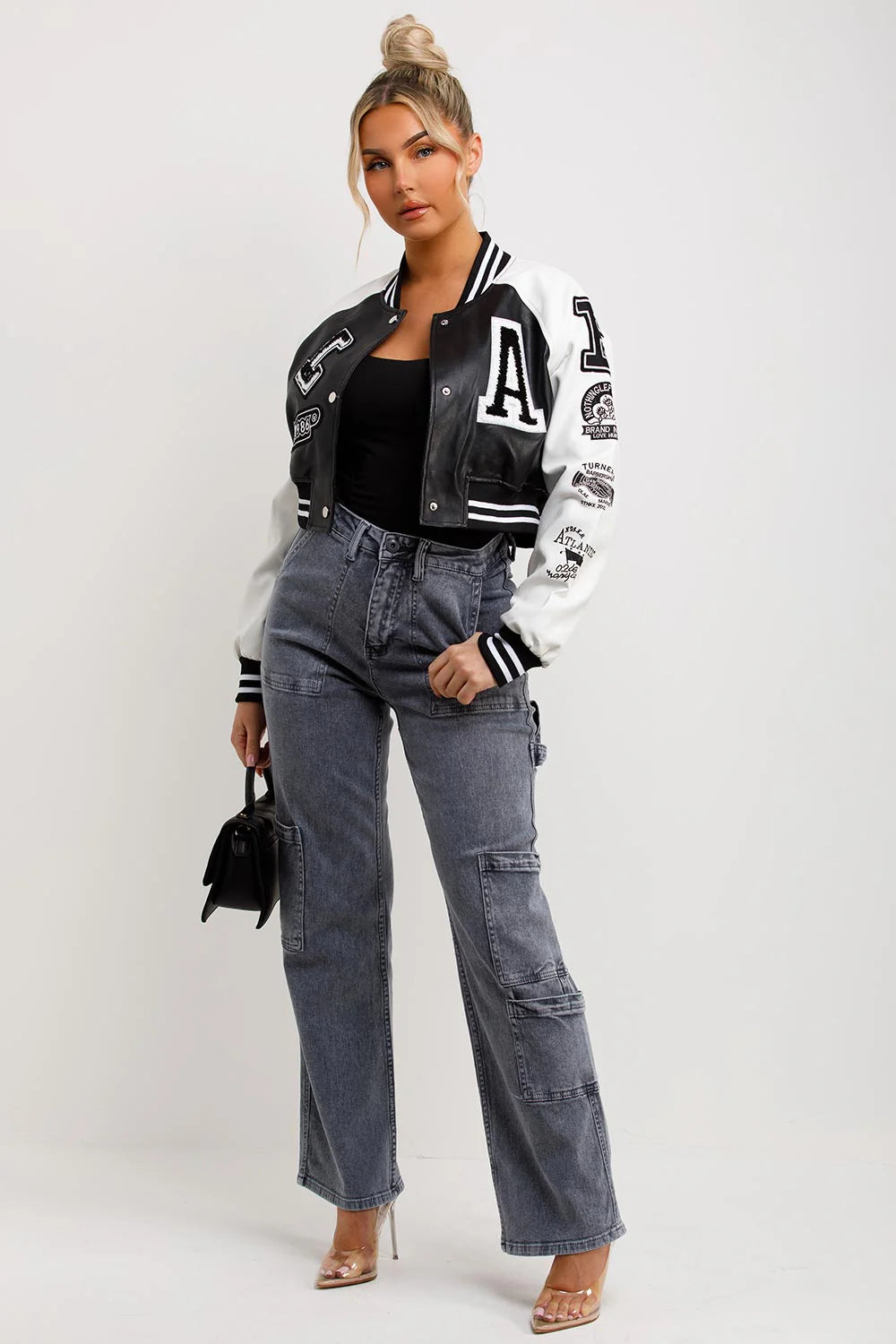 Crop Baseball Varsity Bomber Faux Leather Jacket