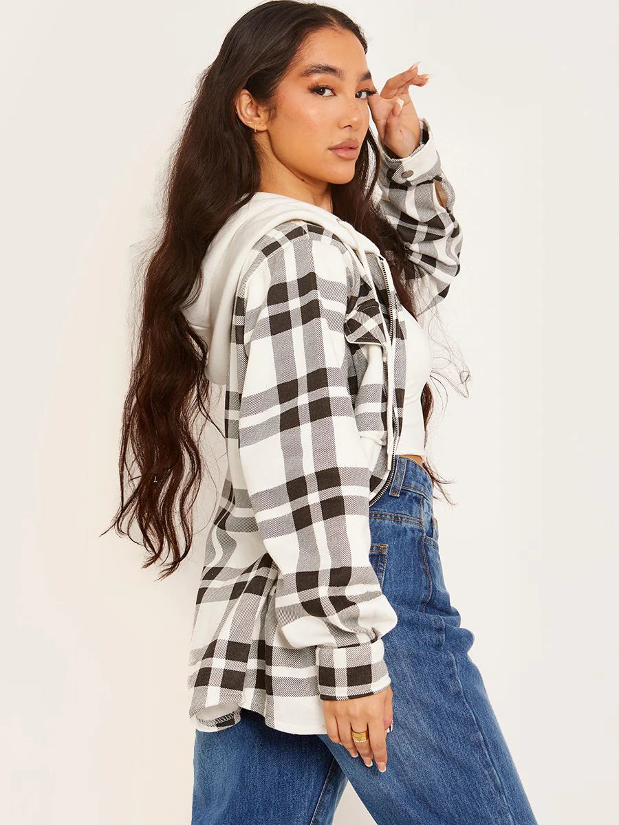 Hooded Thick Colour Block Checked Shirt Jacket Shacket