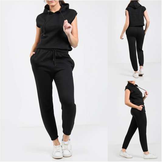 Sleeveless Hoodie & Joggers Tracksuit Co-ord 2-Piece Set