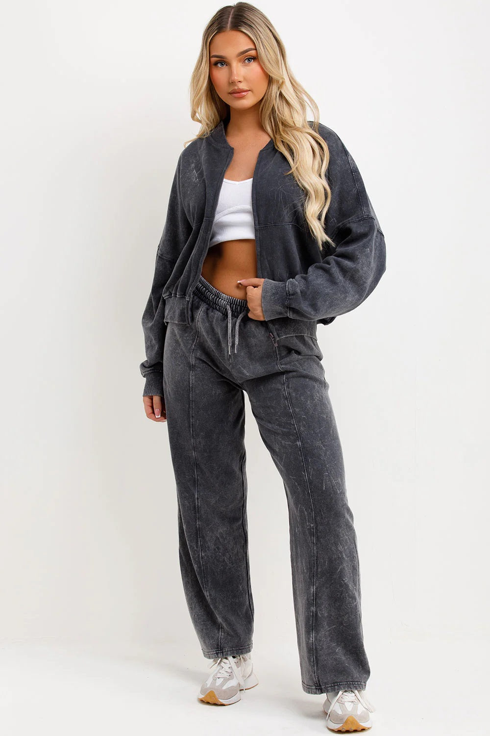 Acid Wash Full Zip Sweatshirt and Straight Leg Joggers Tracksuit Set