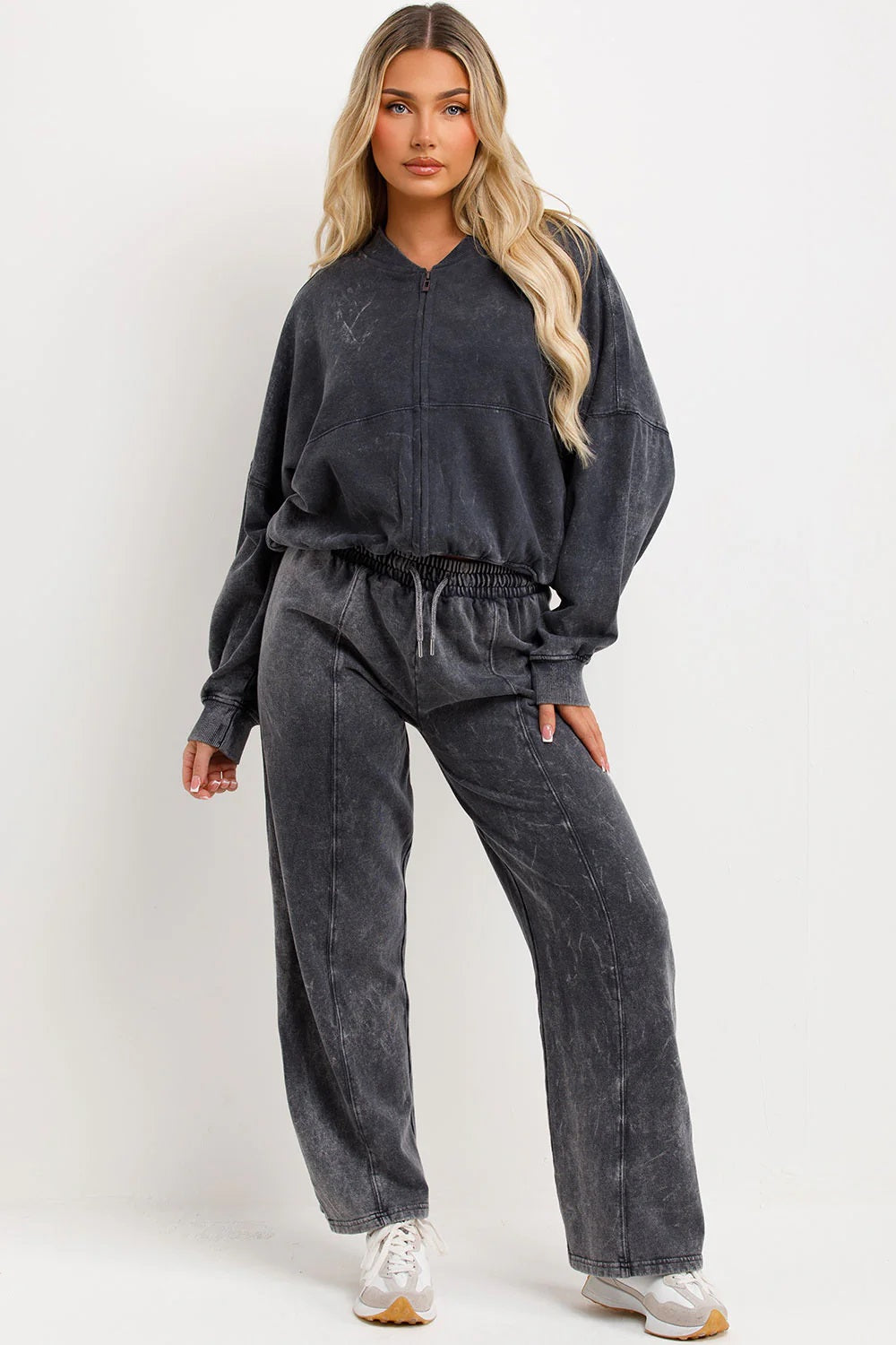 Acid Wash Full Zip Sweatshirt and Straight Leg Joggers Tracksuit Set