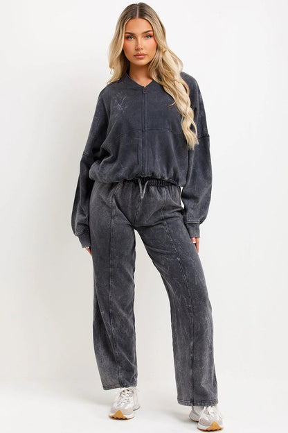 Acid Wash Full Zip Sweatshirt and Straight Leg Joggers Tracksuit Set