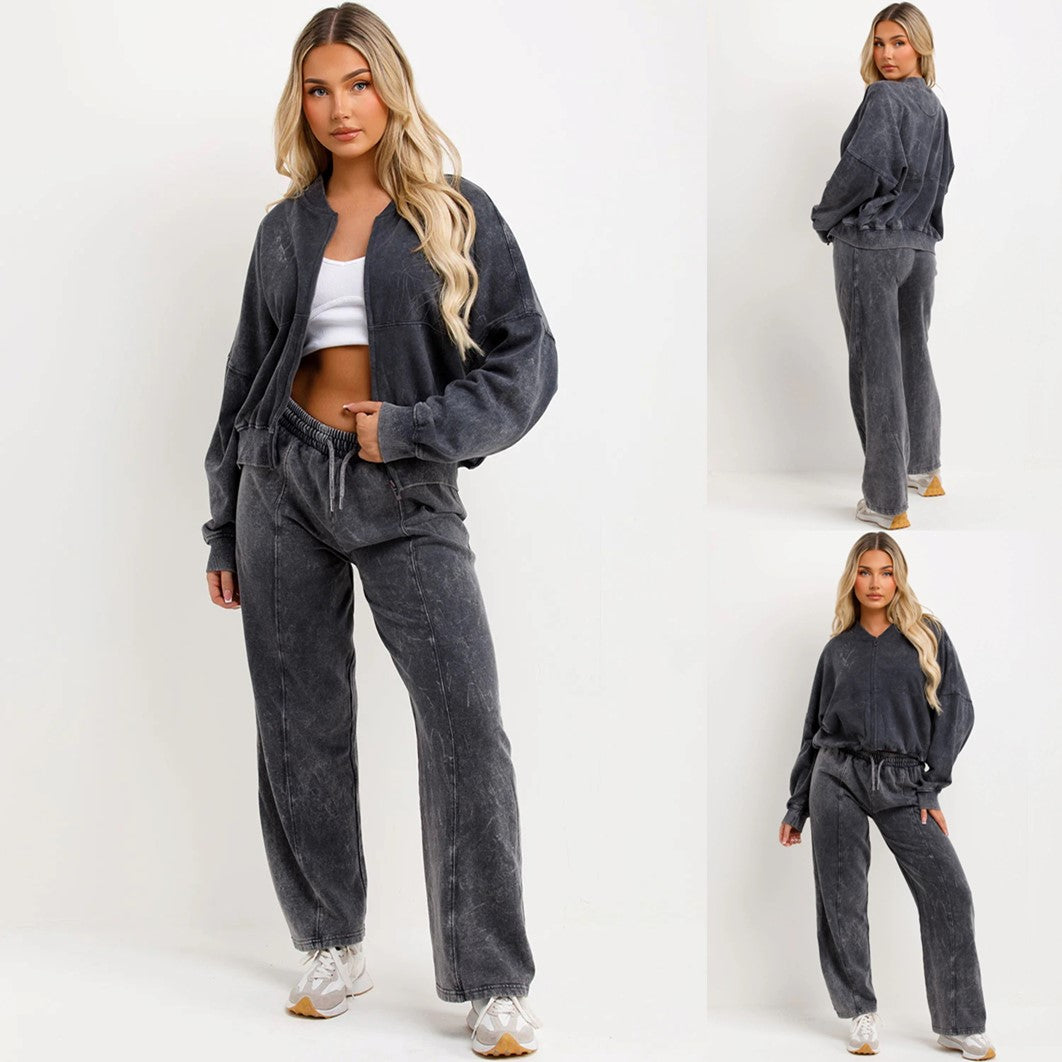 Stonewash Full Zip Sweatshirt and Straight Leg Joggers Tracksuit Set