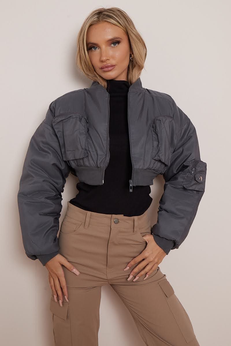 Cropped Utility Pocket Bomber Jacket