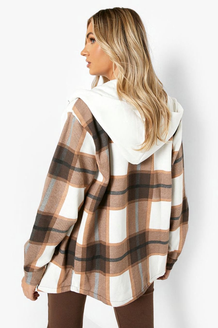 Hooded Thick Colour Block Checked Shirt Jacket Shacket