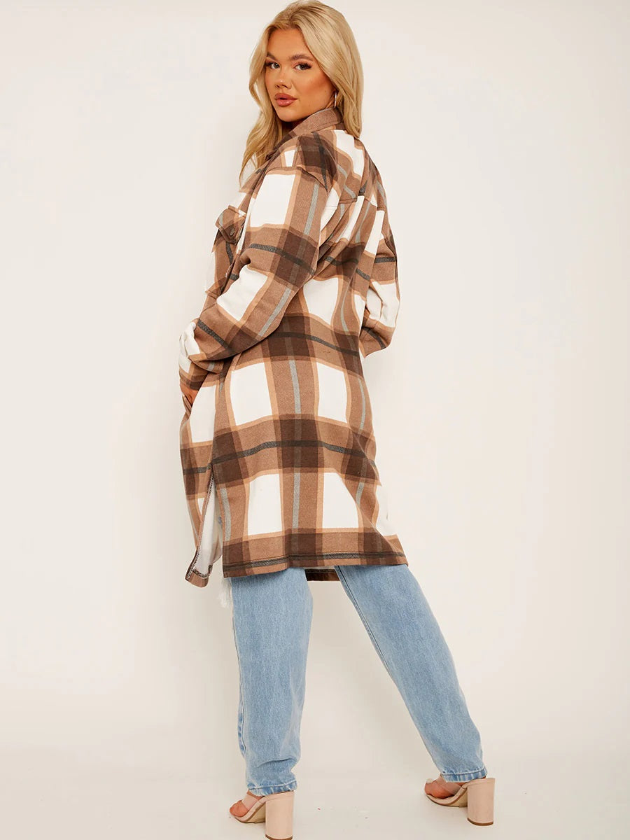 Longline Thick Colour Block Checked Shirt Jacket Shacket