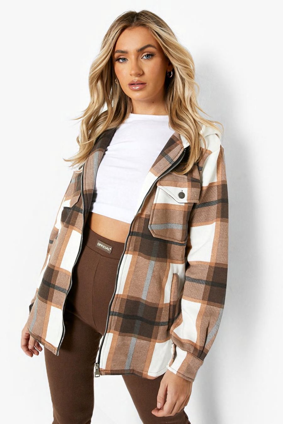 Hooded Thick Colour Block Checked Shirt Jacket Shacket