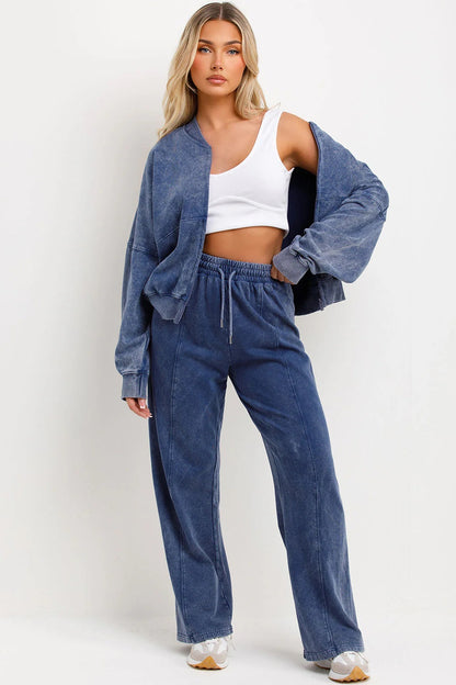 Acid Wash Full Zip Sweatshirt and Straight Leg Joggers Tracksuit Set