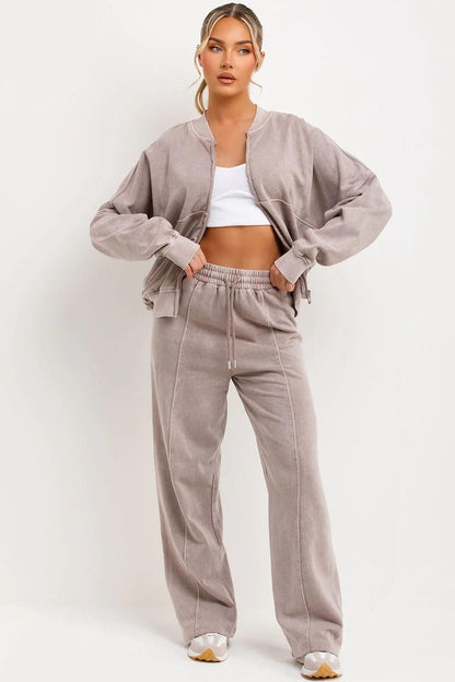 Acid Wash Full Zip Sweatshirt and Straight Leg Joggers Tracksuit Set