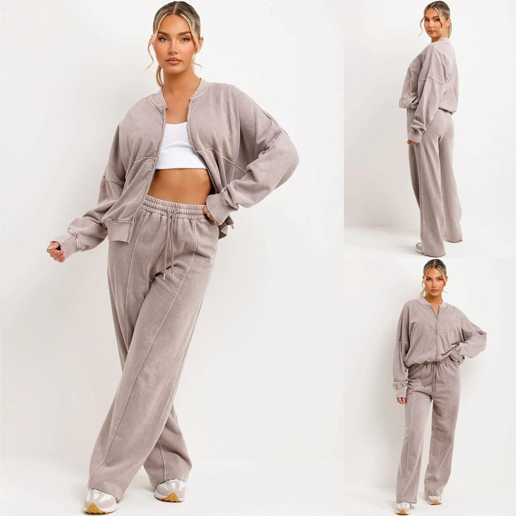 Stonewash Full Zip Sweatshirt and Straight Leg Joggers Tracksuit Set