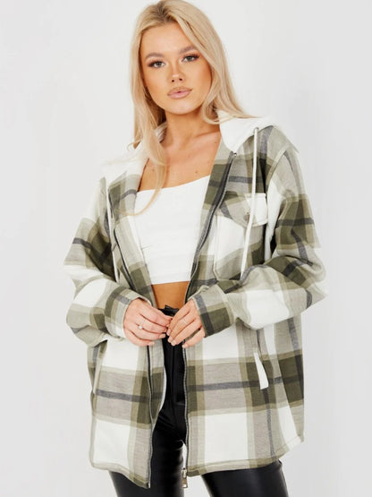 Hooded Thick Colour Block Checked Shirt Jacket Shacket