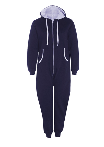 Unisex Plain Zip Up Elasticated Cotton Onesie Jumpsuit