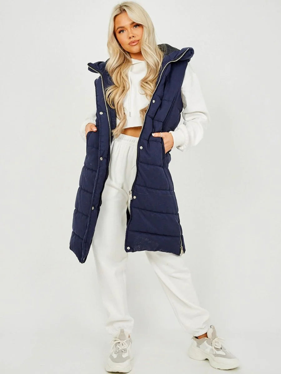 Hooded Long Line Puffer Padded Gilet Jacket Coat - 16 colours