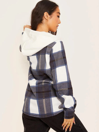 Hooded Thick Colour Block Checked Shirt Jacket Shacket