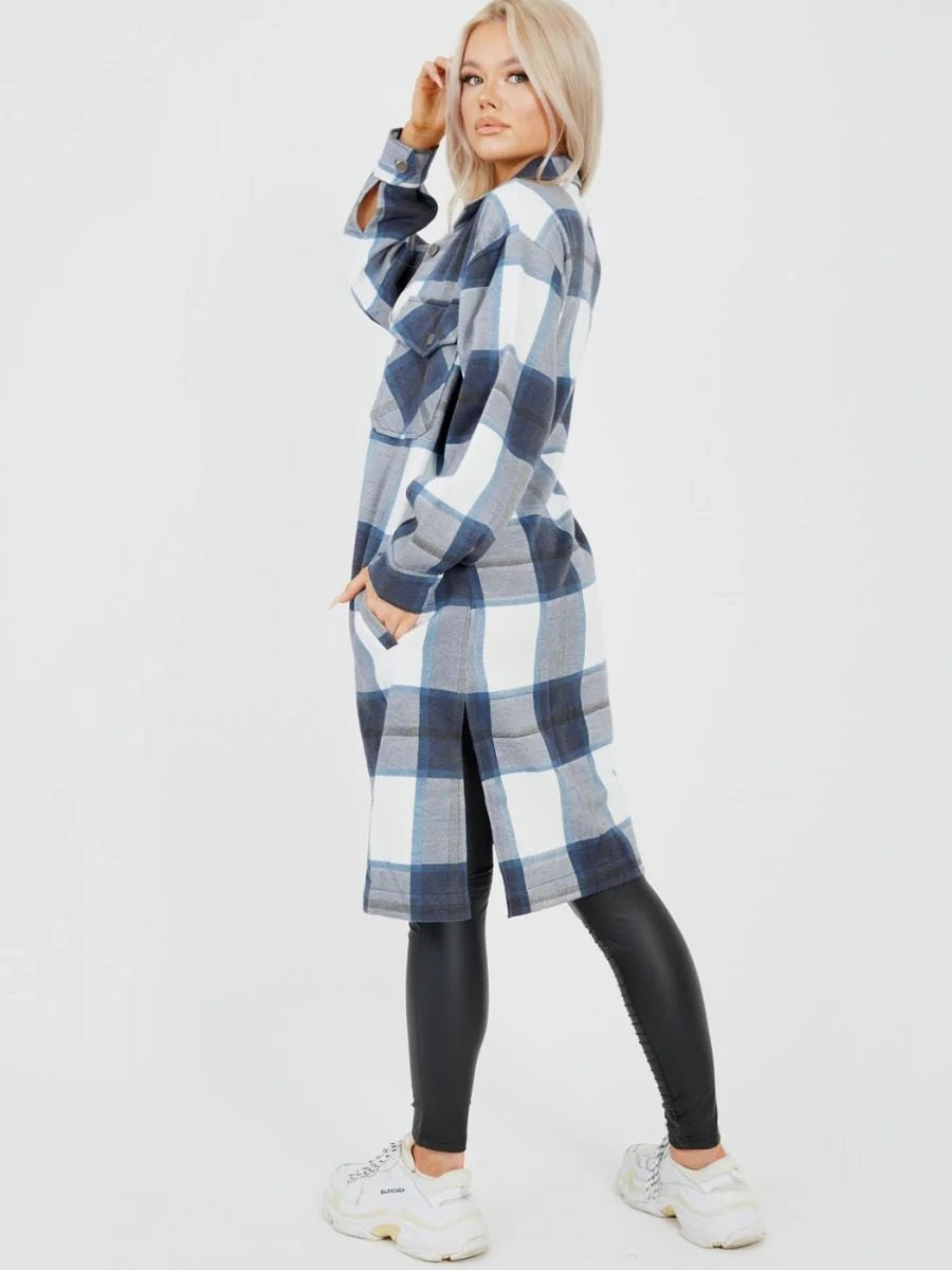 Longline Thick Colour Block Checked Shirt Jacket Shacket