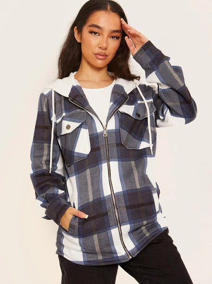 Hooded Thick Colour Block Checked Shirt Jacket Shacket