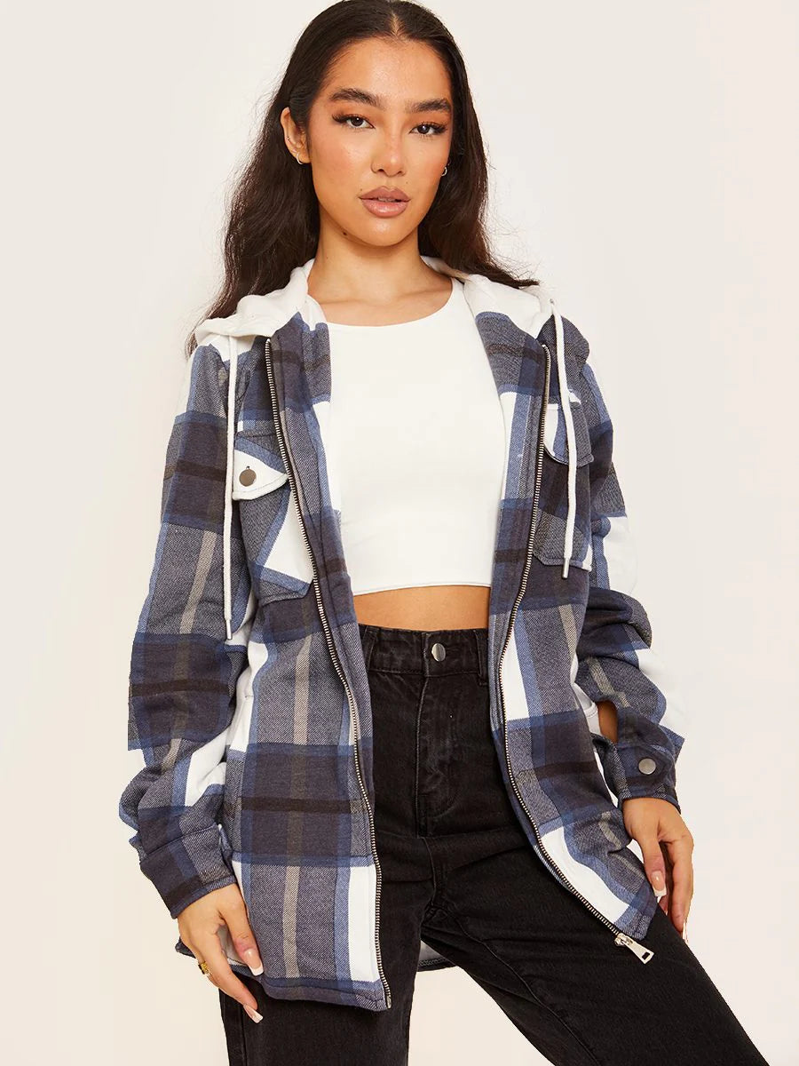 Hooded Thick Colour Block Checked Shirt Jacket Shacket