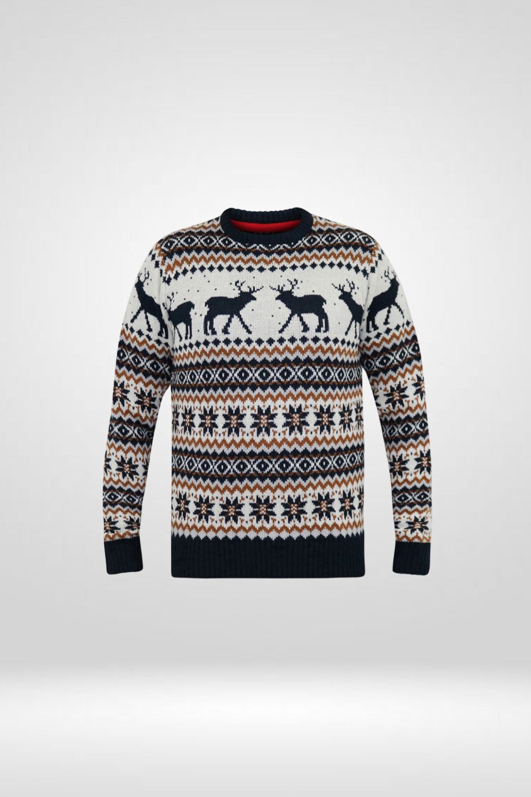 D555 Navy Ecru Crew Neck Reindeer Christmas Sweater S-5XL