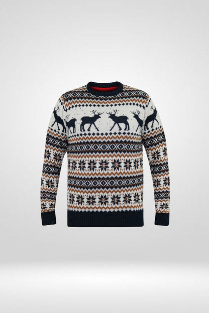 D555 Navy Ecru Crew Neck Reindeer Christmas Sweater S-5XL