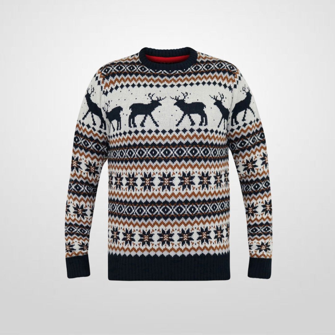 D555 Navy Ecru Crew Neck Reindeer Xmas Sweater S-5XL