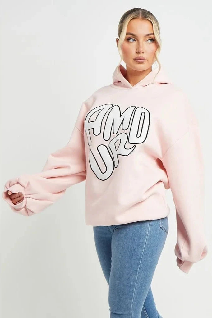 Amour Slogan Oversized Hooded Sweatshirt Hoodie