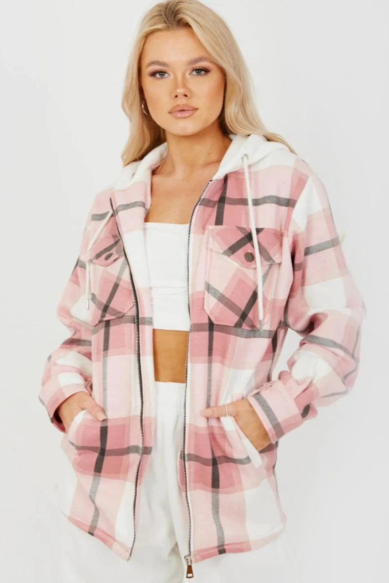 Hooded Thick Colour Block Checked Shirt Jacket Shacket