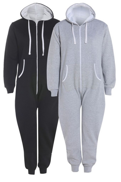 Unisex Plain Zip Up Elasticated Cotton Onesie Jumpsuit