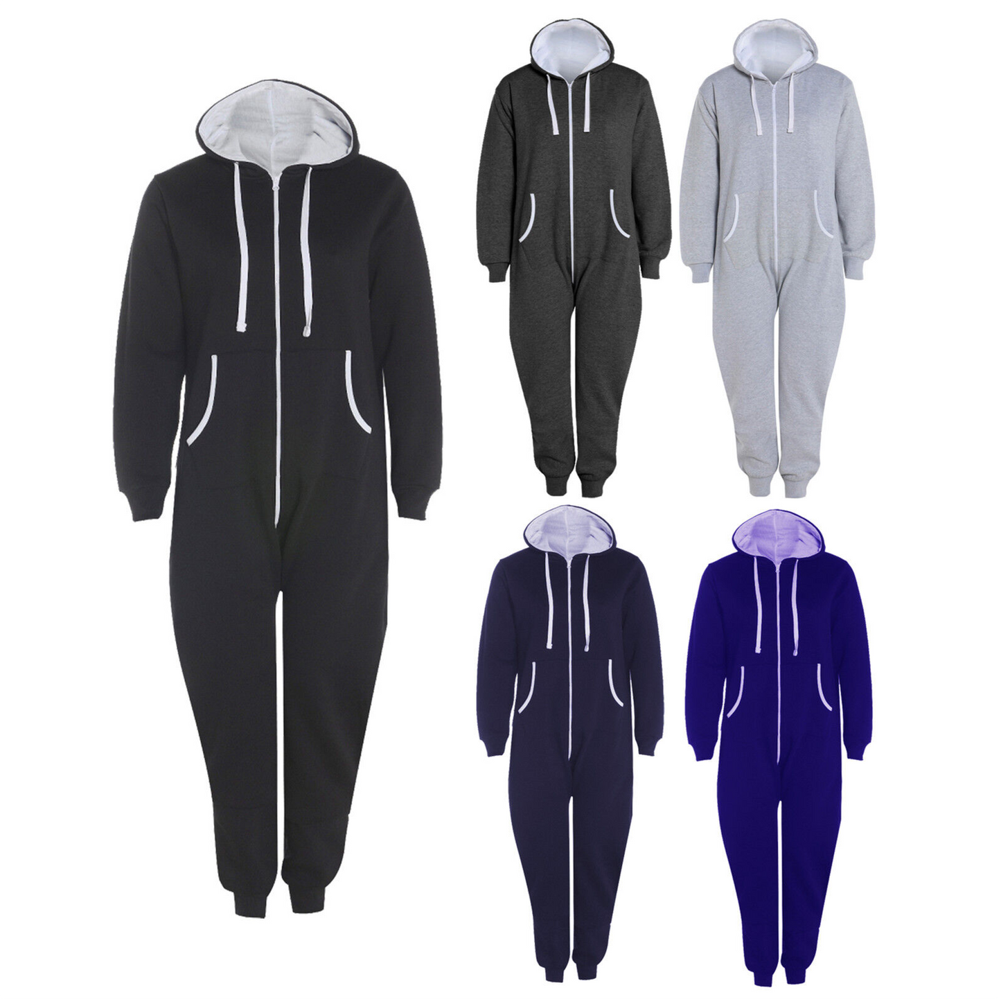 Unisex Plain Zip Up Elasticated Cotton Onesie Jumpsuit