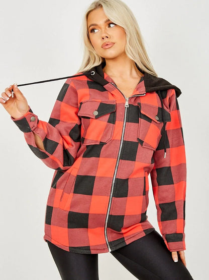 Hooded Thick Colour Block Checked Shirt Jacket Shacket