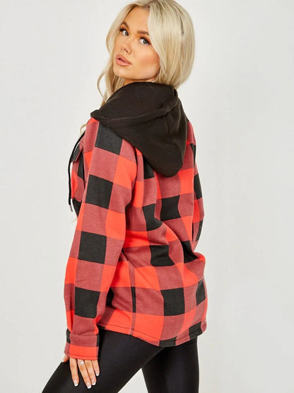 Hooded Thick Colour Block Checked Shirt Jacket Shacket