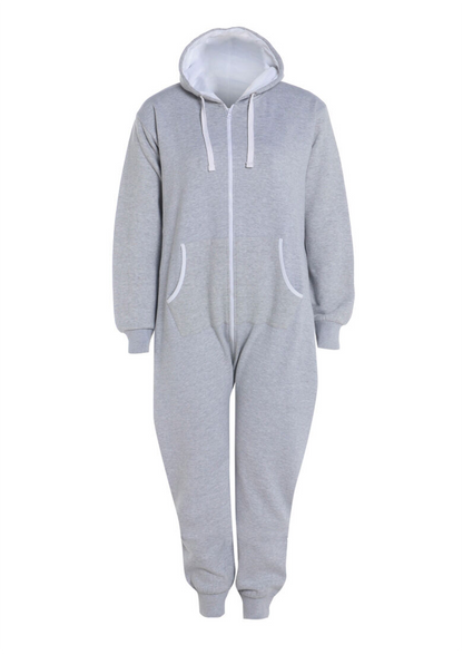 Unisex Plain Zip Up Elasticated Cotton Onesie Jumpsuit