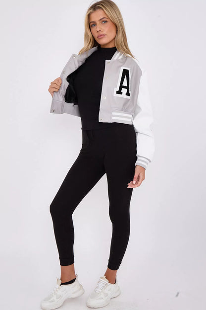 Crop Baseball Varsity Bomber Faux Leather Jacket