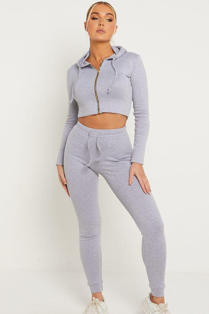 Ribbed Cropped Hoodie and Leggings Set