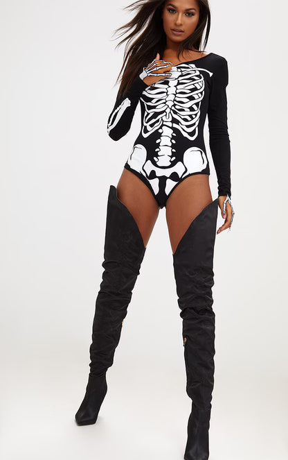 Skeleton Print Black Bodysuit Top