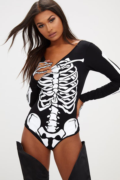 Skeleton Print Black Bodysuit Top