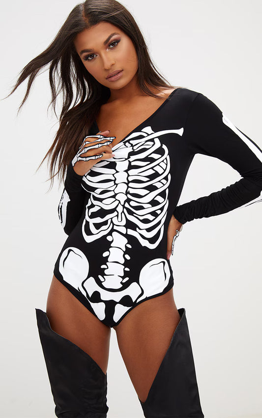 Skeleton Print Black Bodysuit Top