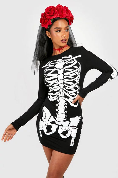 Skeleton Print Black Bodycon Mini Dress