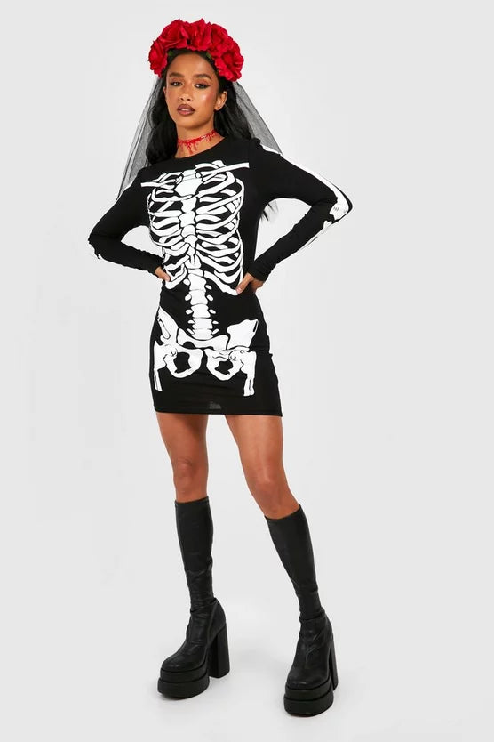 Skeleton Print Black Bodycon Mini Dress